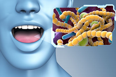 The image features a human figure with an open mouth holding a smartphone displaying microscopic bacteria, suggesting a theme related to health or medical science.
