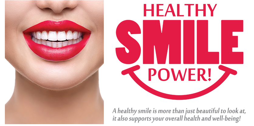 The image is a composite graphic with a central photo of a person s face wearing red lipstick, flanked by two smaller images at the top and bottom. On the left side, there s a text that reads  HEALTHY SMILE POWER  in bold white letters against a black background, and on the right side, there s another text that says  SMILE SMILE POWER   in a similar style. The overall design suggests an advertisement or promotional material related to dental health or cosmetic services.