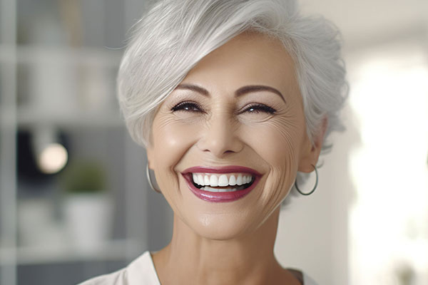 The image shows a smiling woman with short hair, wearing makeup, against a blurred background that suggests an indoor setting.